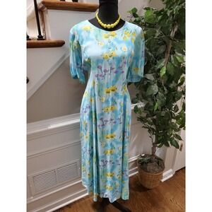 J. Stevens Vintage Sky Blue Floral Nylon Sleeveless Round Neck Long Maxi Dress S